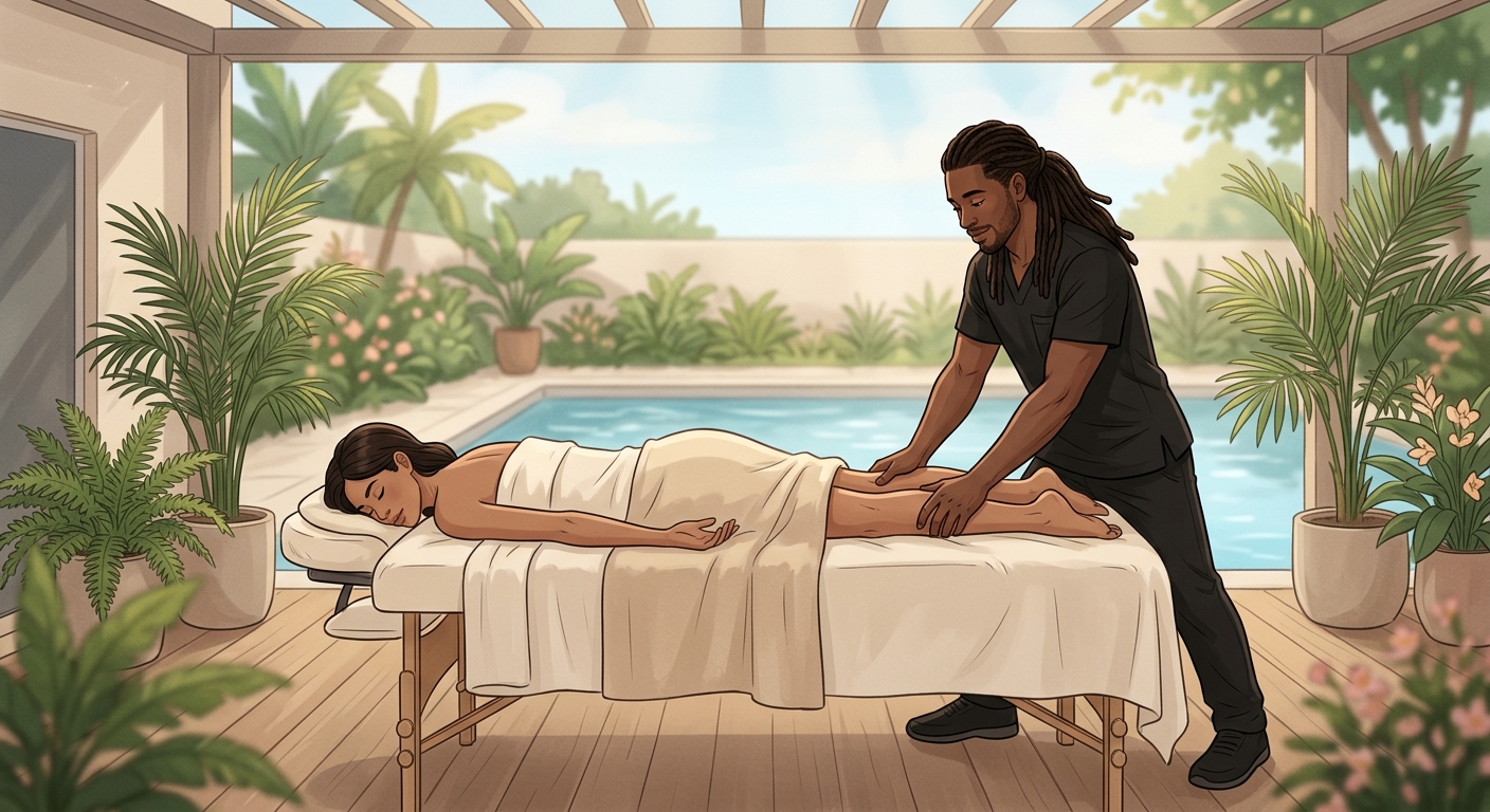 Professional massage therapist performing deep tissue massage on face-down woman client's hamstrings in peaceful poolside setting