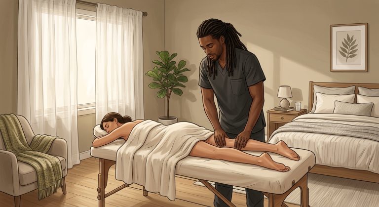 Professional massage therapist providing tension relief for face-down woman client in a peaceful home spa bedroom setting