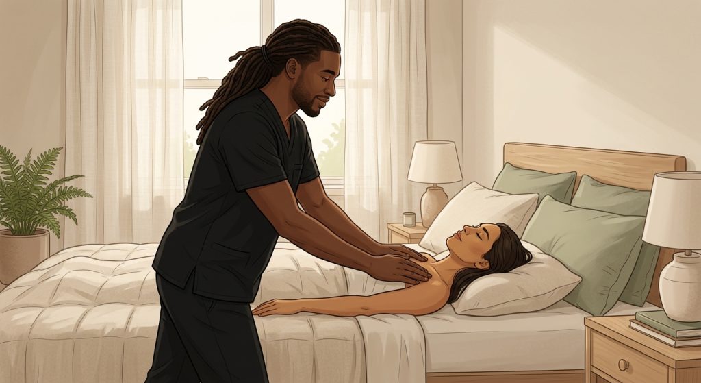 Professional massage therapist performing emotional healing heart space massage on a face-up woman client in a serene bedroom setting.