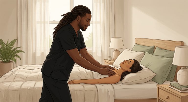 Professional massage therapist performing emotional healing heart space massage on a face-up woman client in a serene bedroom setting.
