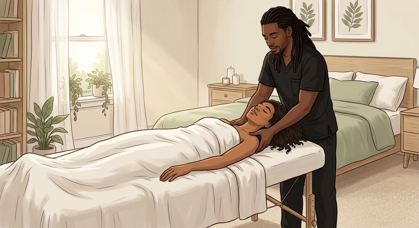 Professional massage therapist performing calming shoulder and neck massage on face-up woman client in a serene home bedroom setting.