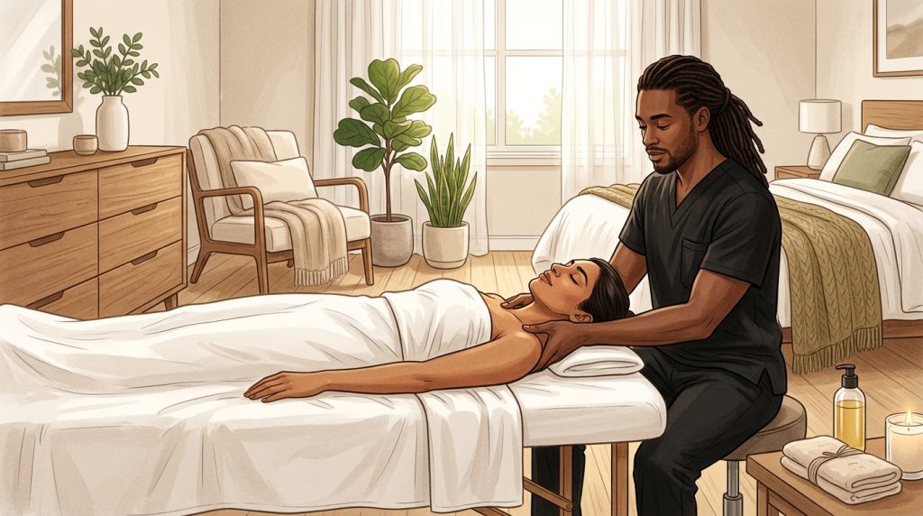 Professional massage therapist performing therapeutic neck and shoulder massage on face-up woman client in peaceful home spa setting.
