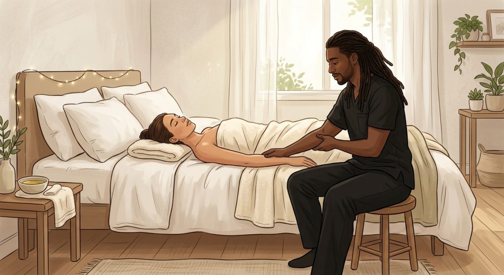 Black male massage therapist with locs performing gentle lymphatic massage on a face-up woman client in a serene bedroom setting.
