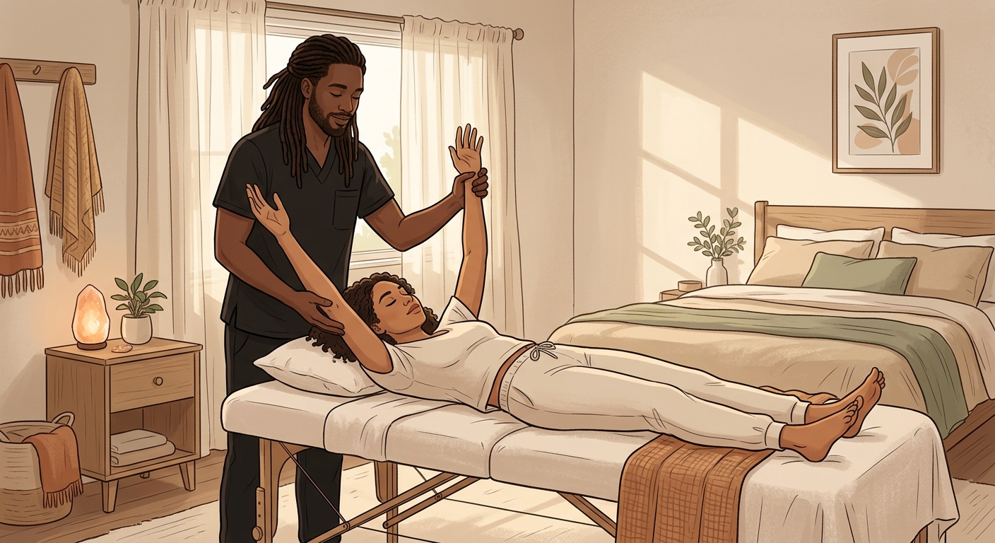 Professional Black male massage therapist assisting a face-up woman client with arm stretches on a massage table in a peaceful, sunlit bedroom.
