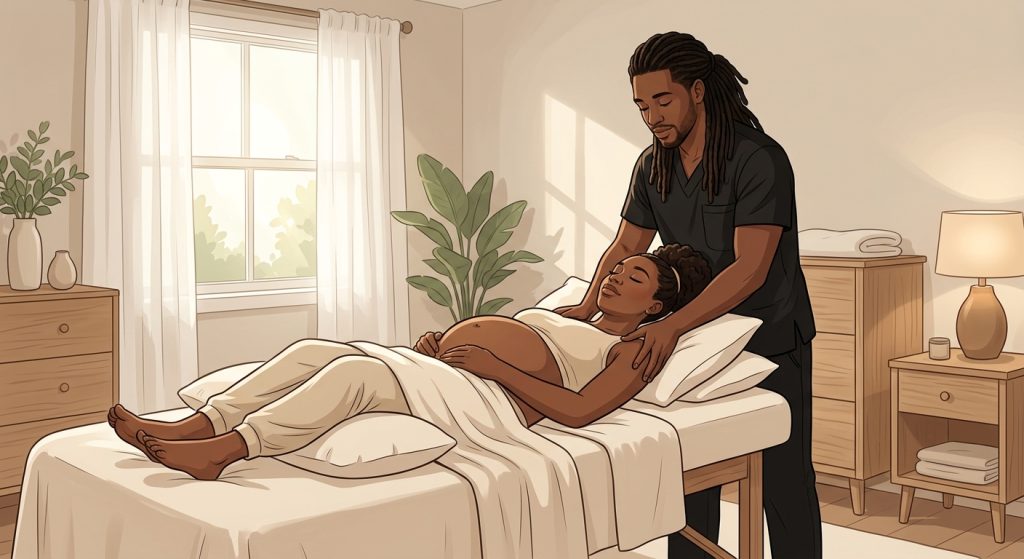 Professional massage therapist performing gentle therapeutic shoulder massage on a pregnant woman positioned face-up in a serene bedroom setting.