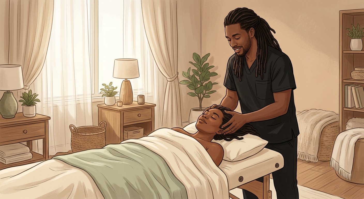 Professional massage therapist performing soothing scalp massage on face-up woman client in a peaceful home bedroom setting.