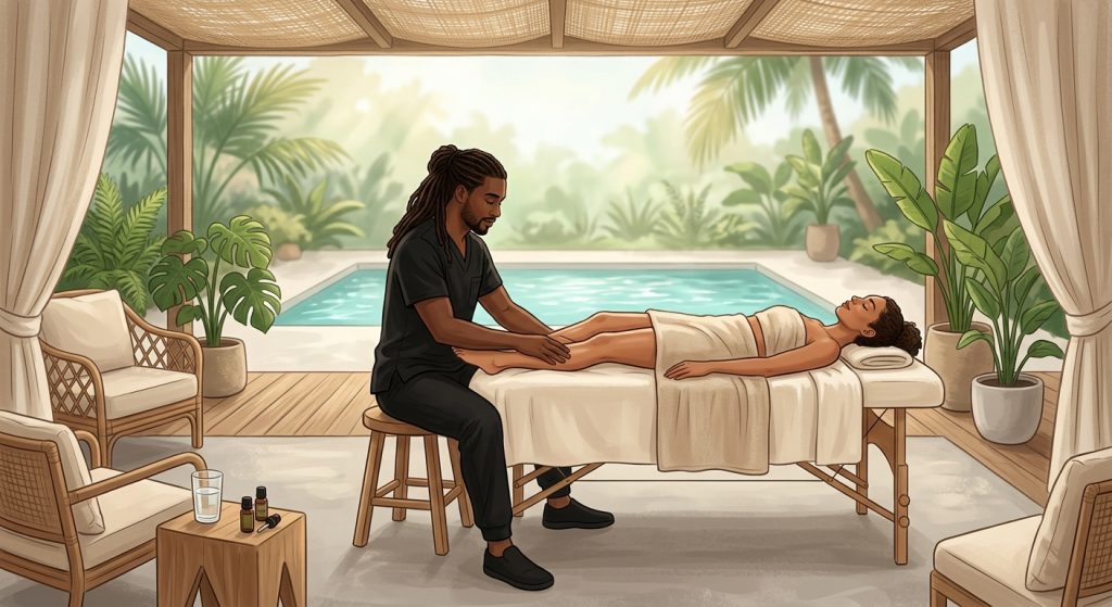 Professional massage therapist providing swollen legs relief via lymphatic drainage for a woman relaxing face-up on an airy patio.