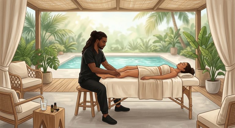 Professional massage therapist providing swollen legs relief via lymphatic drainage for a woman relaxing face-up on an airy patio.