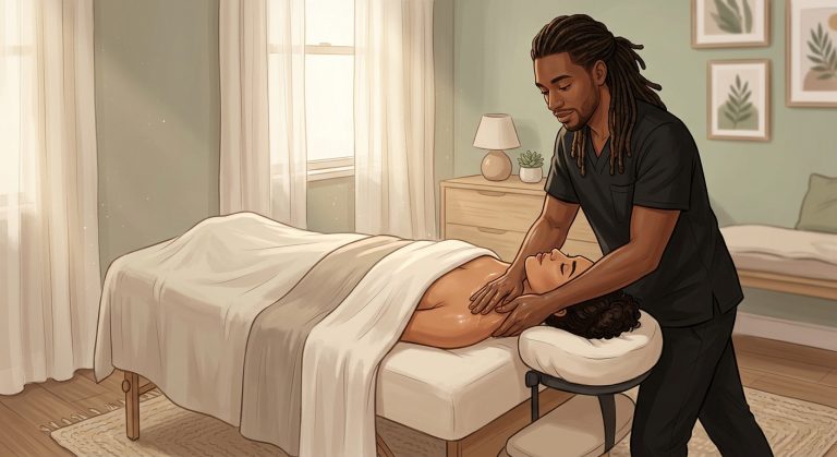 Professional Black male massage therapist providing anxiety relief neck massage to face-up woman client in a serene bedroom setting