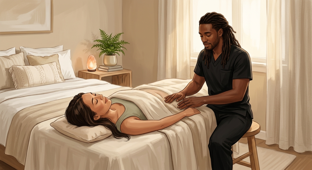 Therapist performing gentle postpartum scar tissue massage on a woman client resting face-up in a peaceful bedroom setting.