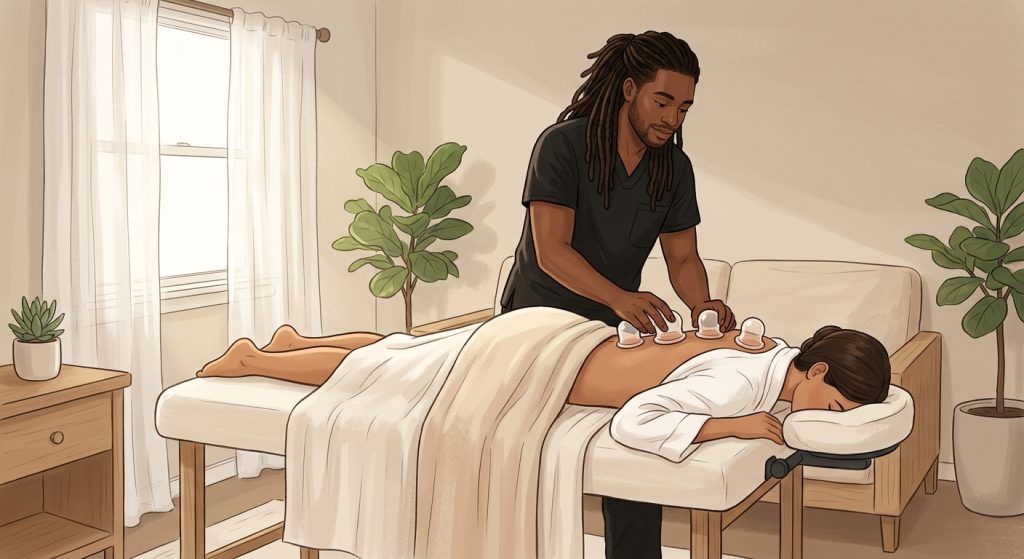 Black male massage therapist applying cupping therapy to face-down woman client's back in a relaxing home bedroom spa setting