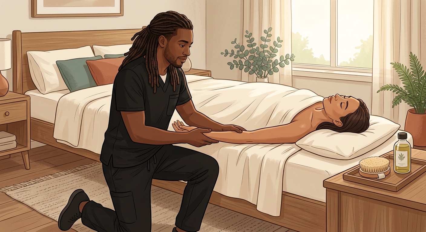 Professional massage therapist performing therapeutic lymphatic treatment on face-up woman client in serene bedroom setting