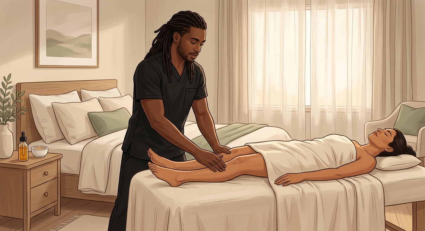 Therapist applying botanical oil to a woman client resting face-up on a massage table during a relaxing in-home evening session.