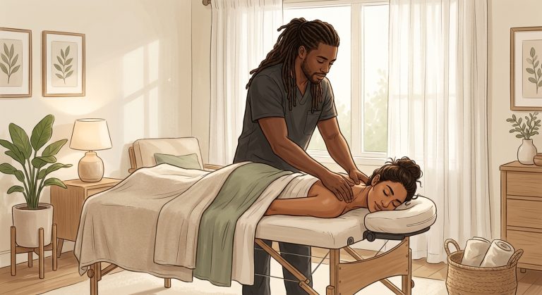 Professional Black male massage therapist performing therapeutic upper back massage on face-down woman client in peaceful home bedroom
