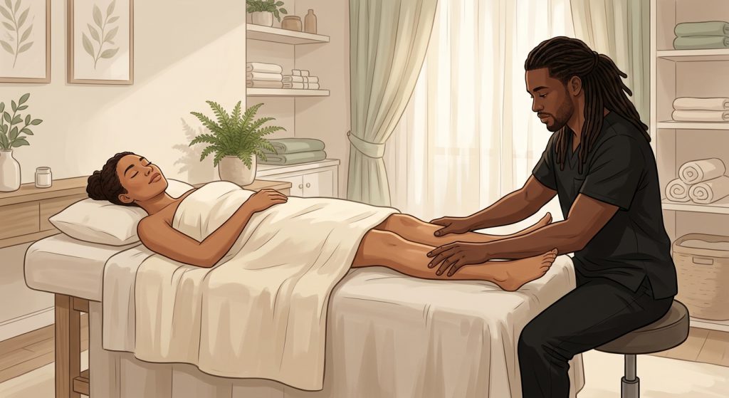 Professional massage therapist gently performing immune support lymphatic drainage massage on face-up woman client's legs in serene home bedroom