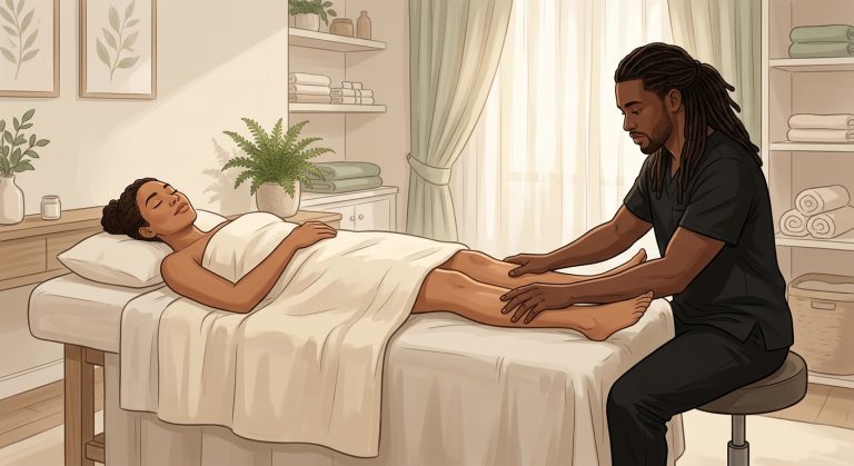 Professional massage therapist gently performing immune support lymphatic drainage massage on face-up woman client's legs in serene home bedroom