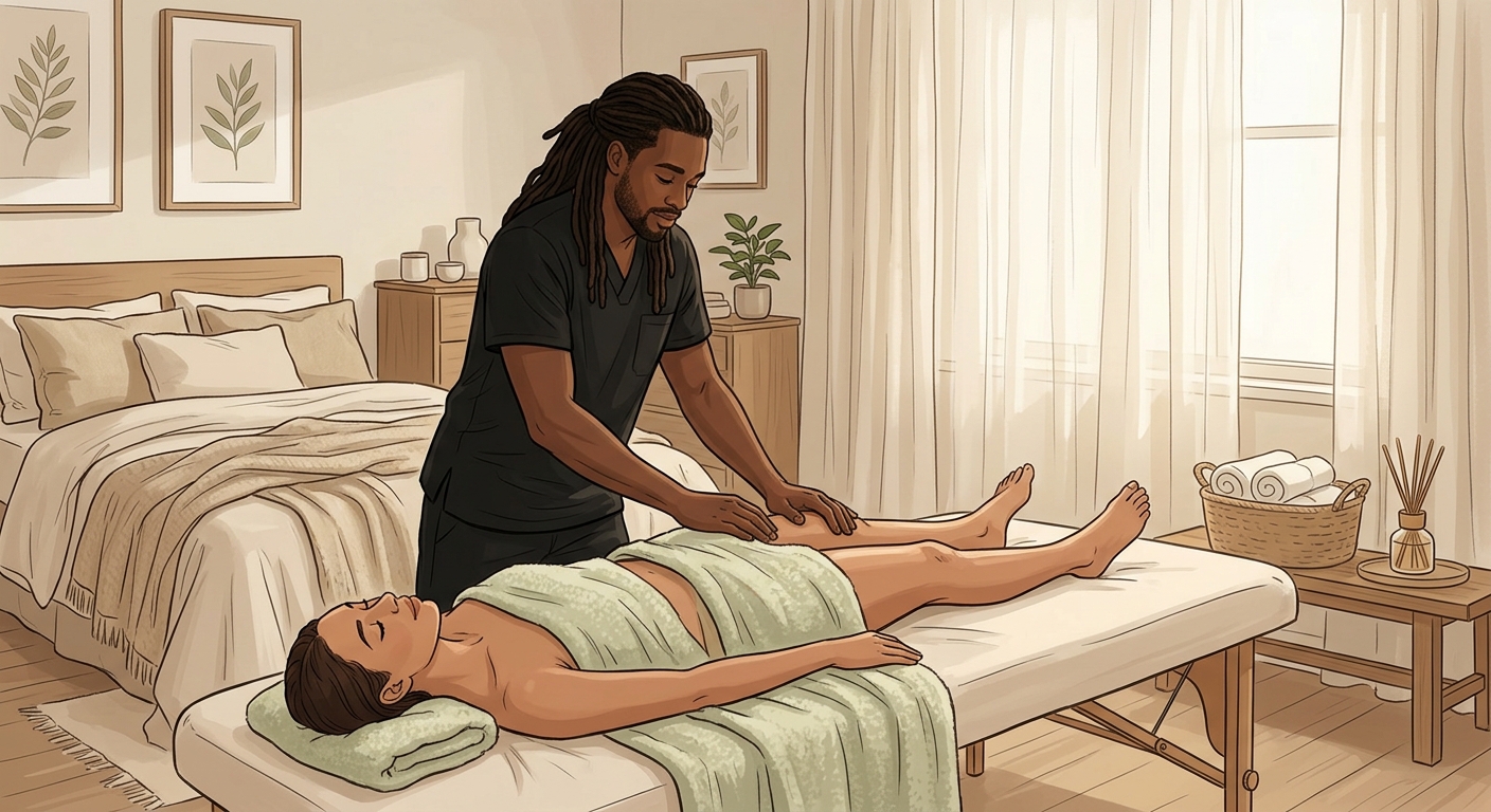 Professional massage therapist massaging shins and quads of woman client resting face-up in serene, peaceful bedroom setting