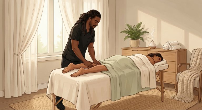 Professional massage therapist performing therapeutic deep tissue massage on woman's legs in a serene home bedroom spa setting