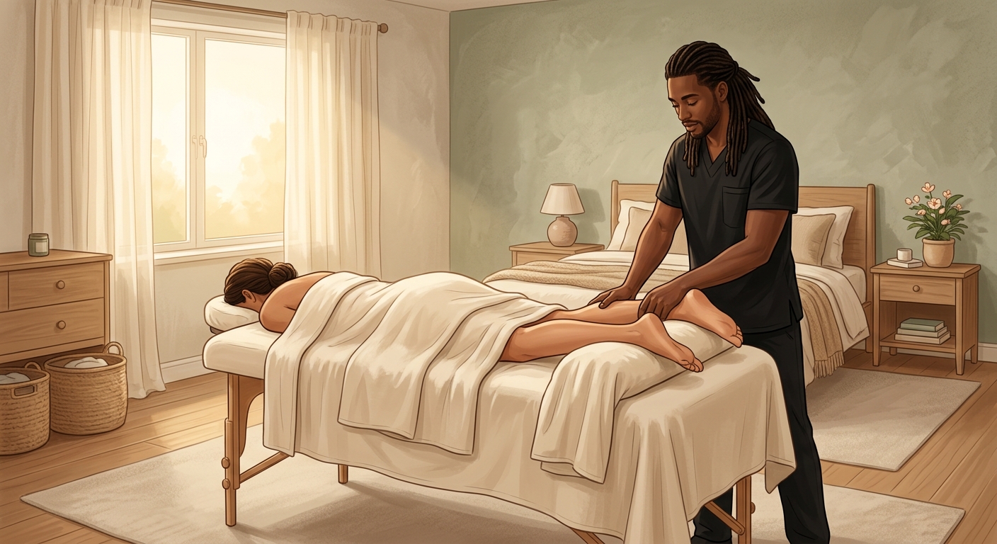 Massage therapist applying therapeutic calf and heel massage to a woman client resting face-down in a serene bedroom setting