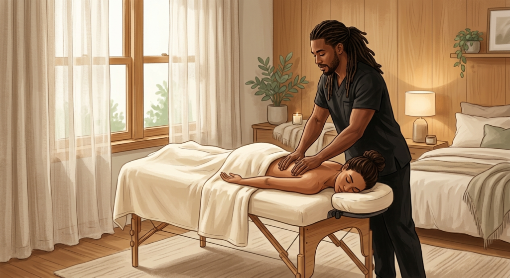 Professional massage therapist providing in-home post-flight massage to a woman relaxing face-down on table in serene bedroom.