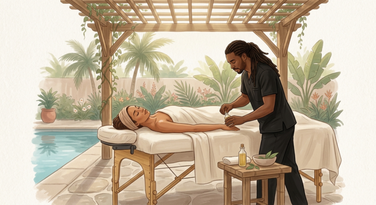 Professional massage therapist gently treating a woman client resting face-up on a massage table on a serene, sunlit patio.