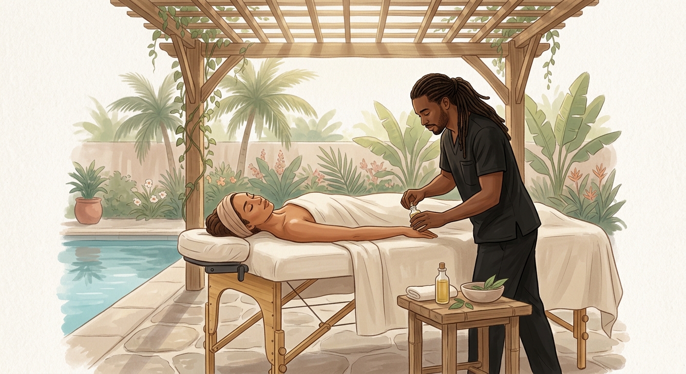 Professional massage therapist gently treating a woman client resting face-up on a massage table on a serene, sunlit patio.