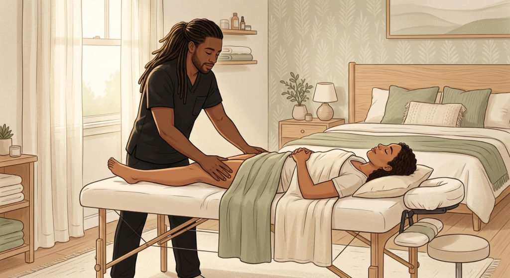 Somatic massage therapist gently releasing hip tension on a relaxed woman lying face-up in a peaceful bedroom setting.