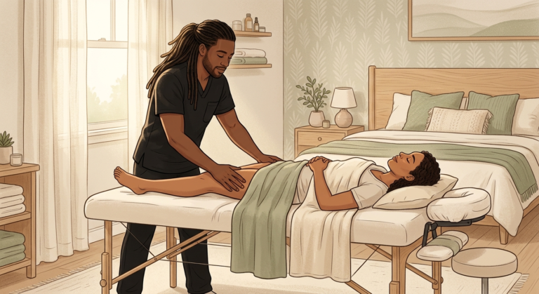 Somatic massage therapist gently releasing hip tension on a relaxed woman lying face-up in a peaceful bedroom setting.