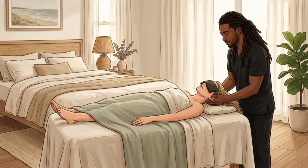 Massage therapist with locs performing gentle grounding touch on a woman resting face-up during an in-home sensory rest session.