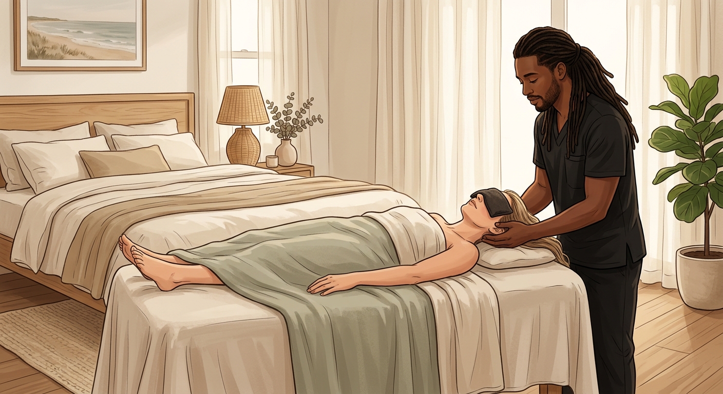 Massage therapist with locs performing gentle grounding touch on a woman resting face-up during an in-home sensory rest session.