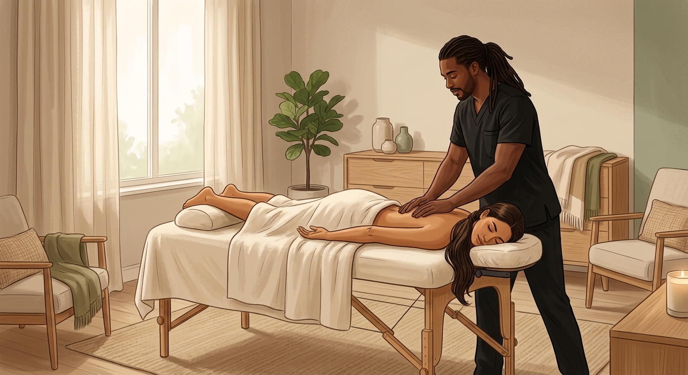 Therapist performing Swedish massage on woman client face-down on table in serene bedroom for nervous system recovery