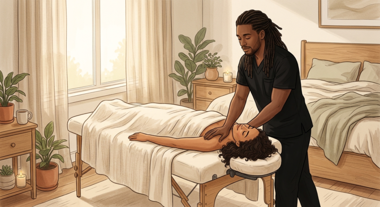 Therapist performing gentle restorative adrenal fatigue massage on woman lying face-up in serene Palm Beach bedroom