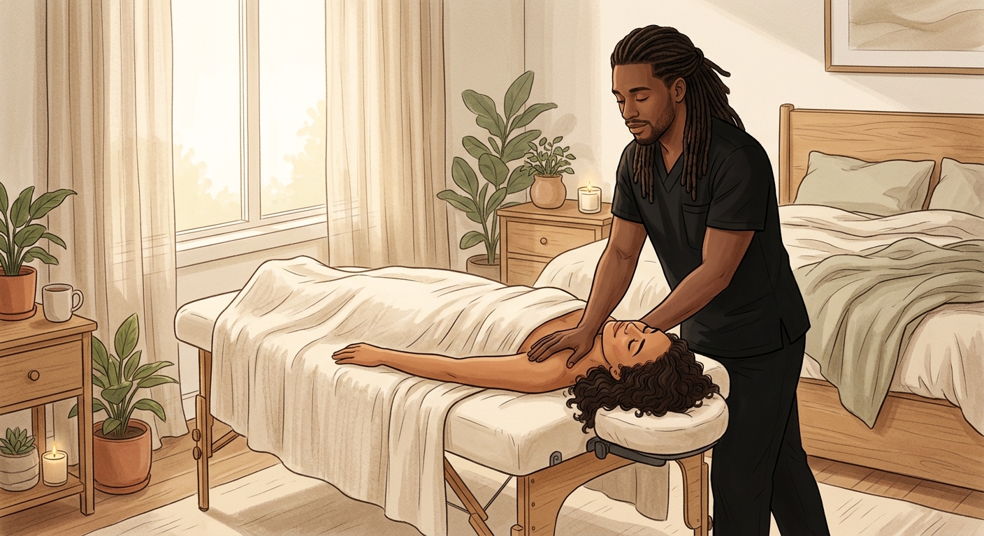 Therapist performing gentle restorative adrenal fatigue massage on woman lying face-up in serene Palm Beach bedroom