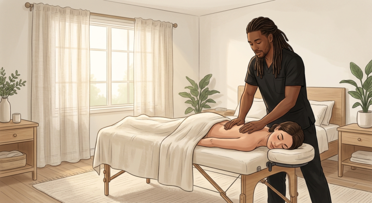 Professional massage therapist performing restorative back massage on woman client resting face-down in calm home bedroom.