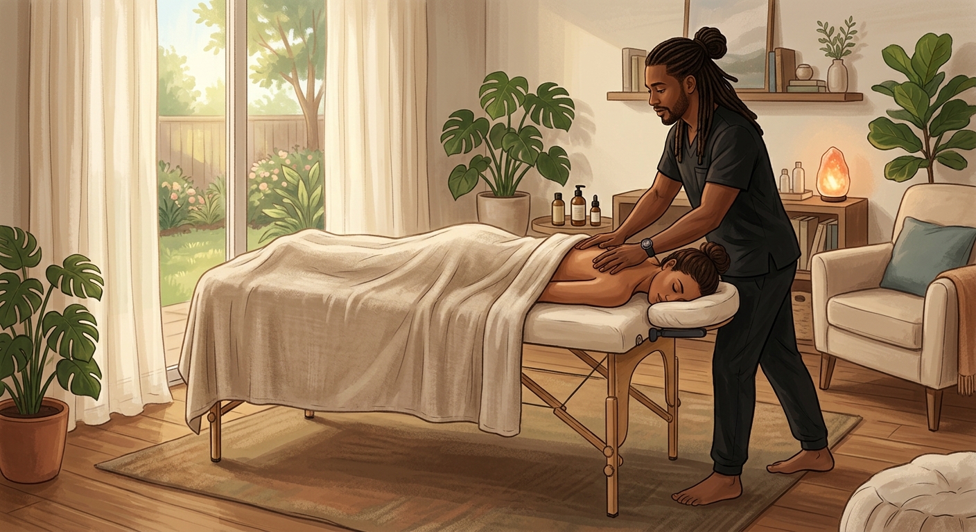 Therapist providing relaxing in-home massage therapy for woman client experiencing caregiver stress in a peaceful living room