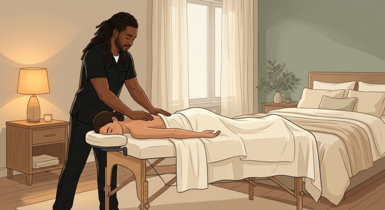 Professional massage therapist performing an evening relaxation massage on a woman client resting face-down in a serene bedroom setting.
