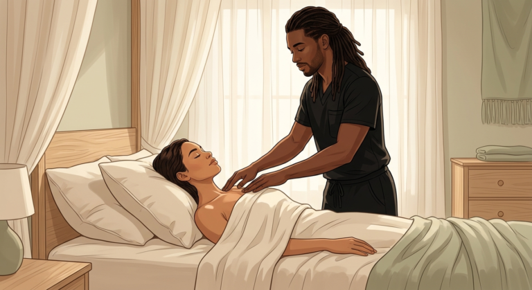 Certified therapist performing post-op facial lymphatic drainage on face-up woman client in a serene bedroom setting.