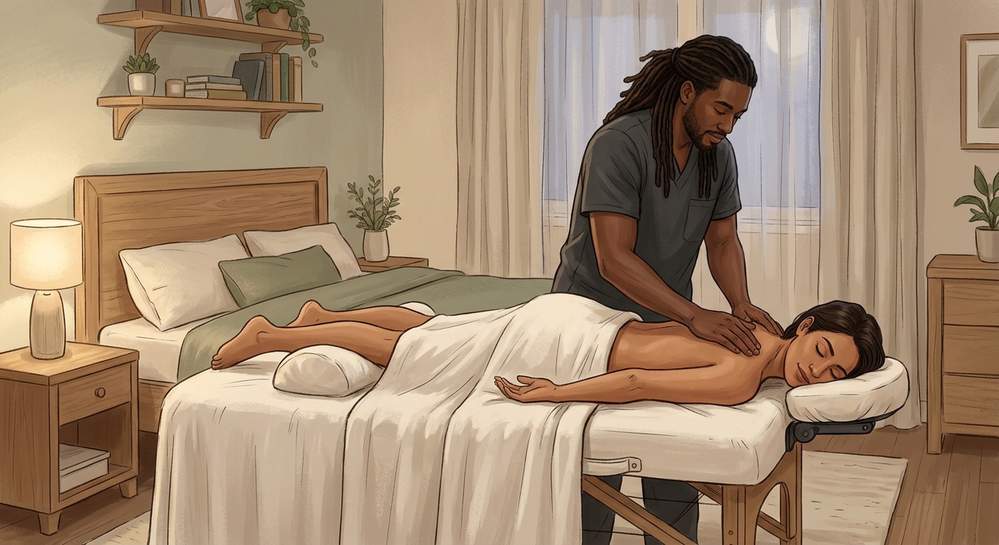 Professional massage therapist working on a woman lying face-down in a serene bedroom, enjoying in-home massage sleep benefits.