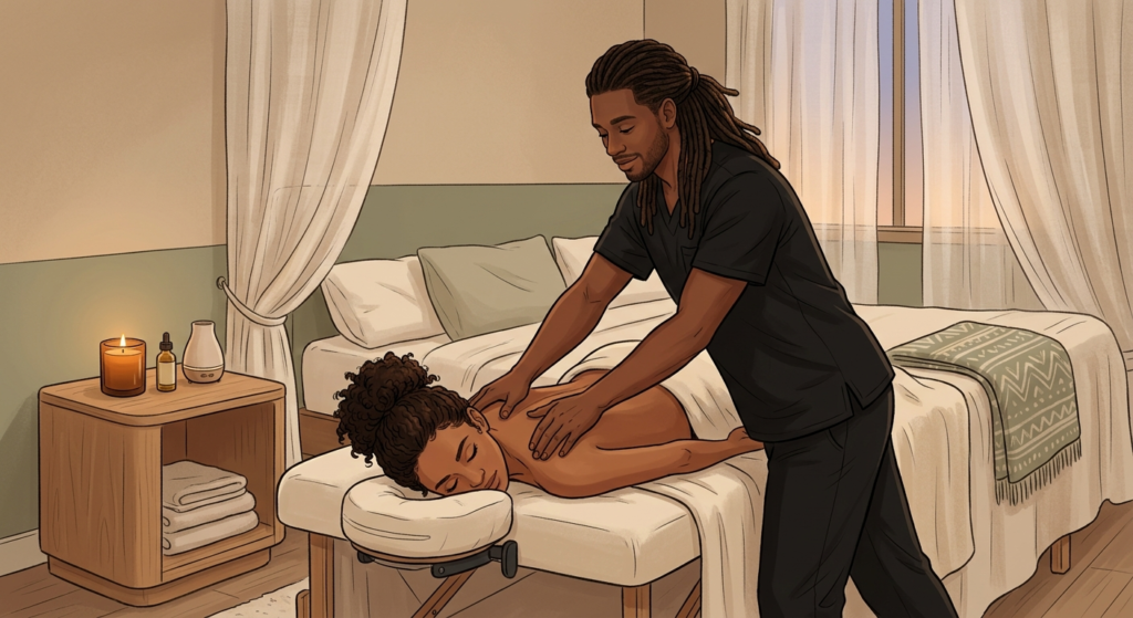 Professional massage therapist performing in-home sleep massage on face-down woman client in a serene bedroom setting