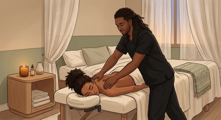 Professional massage therapist performing in-home sleep massage on face-down woman client in a serene bedroom setting