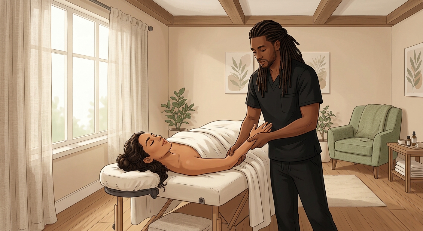 Therapist performing targeted arm and forearm massage on a woman client resting face-up in a peaceful bedroom setting.