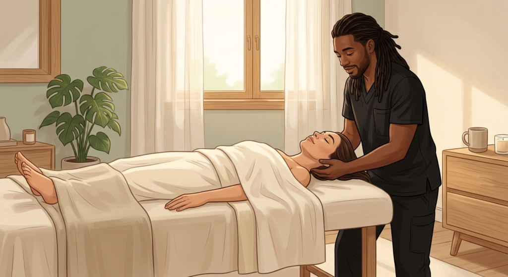 Massage therapist performing gentle polyvagal massage on the cranial base of a relaxed woman in a serene bedroom setting