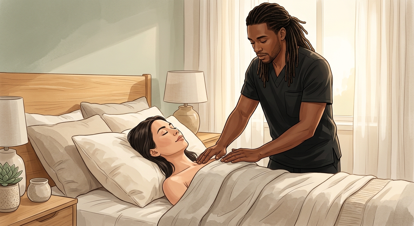 Certified therapist performing gentle post-facelift lymphatic drainage on woman client relaxing face-up in home bedroom setting