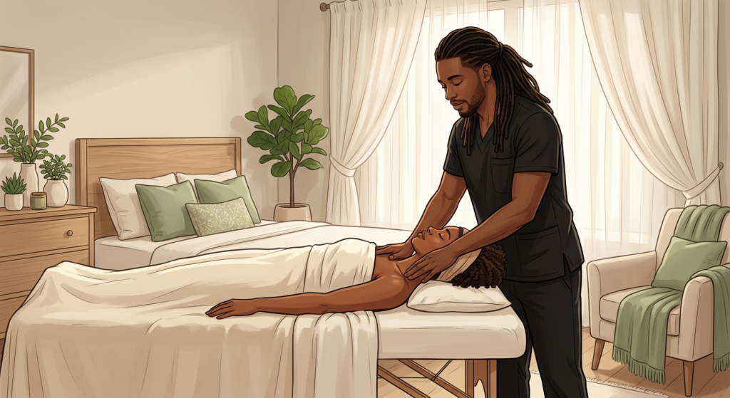 Certified massage therapist performing post-op lymphatic drainage on a woman resting face-up in a peaceful Palm Beach bedroom