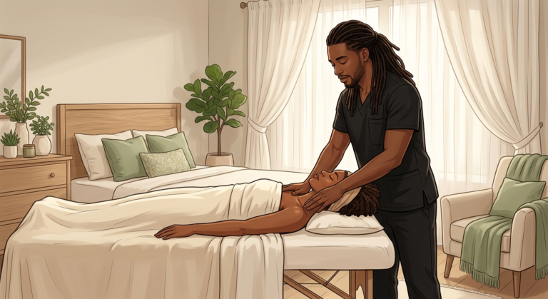 Certified massage therapist performing post-op lymphatic drainage on a woman resting face-up in a peaceful Palm Beach bedroom