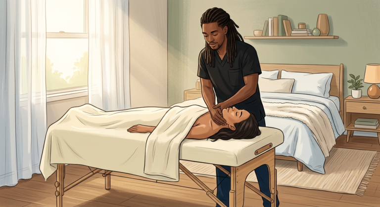 Therapist performing gentle TMJ and jaw tension massage on a woman client resting face-up in a serene, sunlit home setting.
